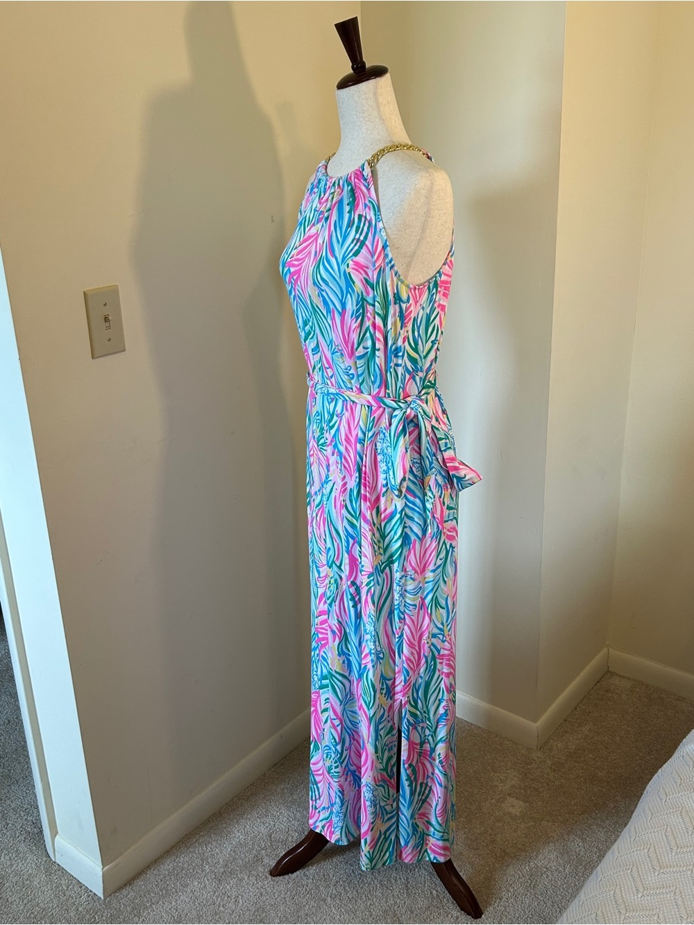 NWT SZ 8 Lilly Pullitzer Tropical Halter Maxi Dress in Pink, Teal & White - Picture 4 of 8